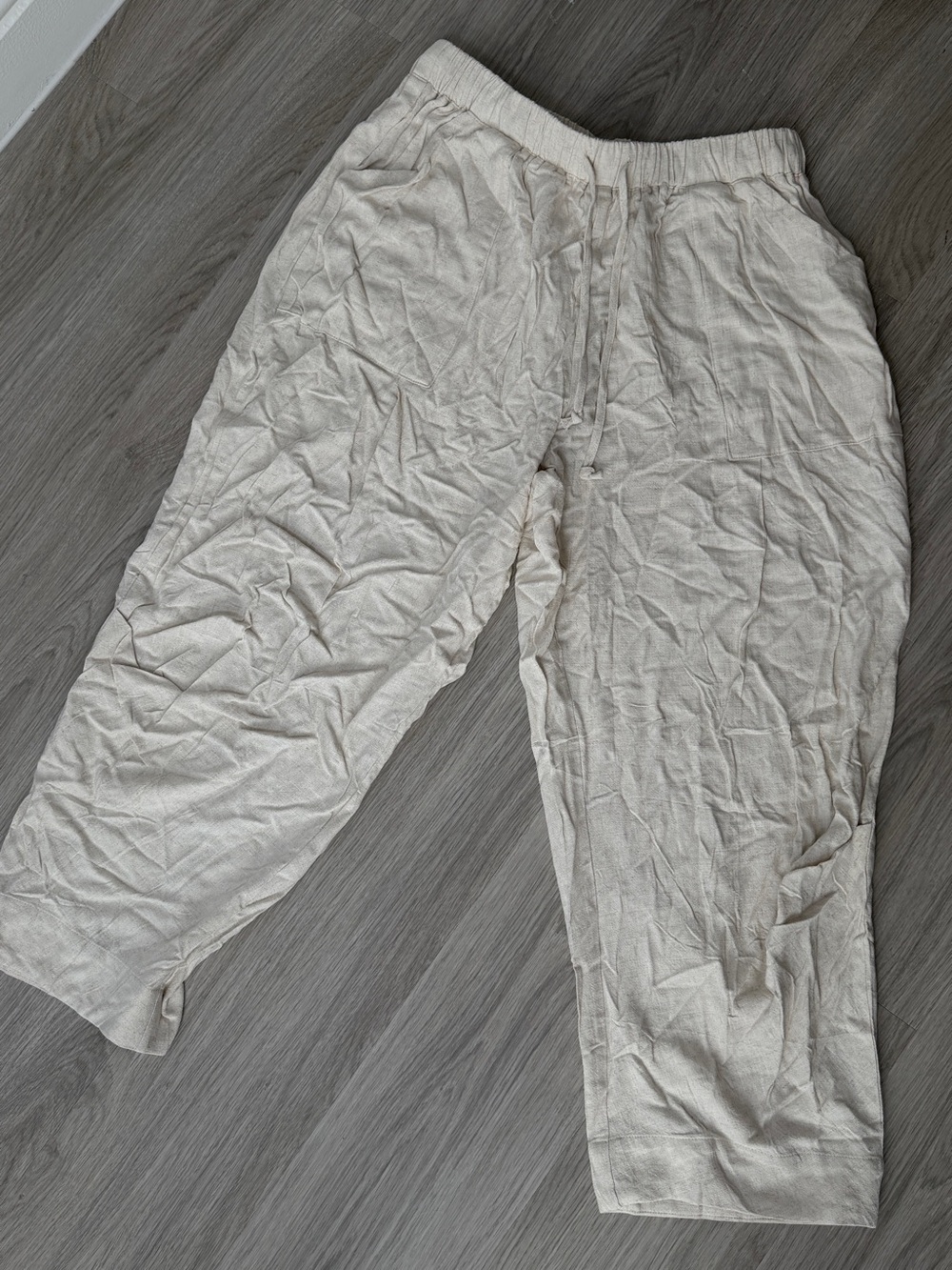 Womens Linen-Blend Elastic Waist Pants — Cream